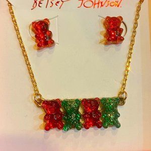 NIB Betsey Johnson Festive Red/Green Gummy Bear Necklace & Earrings Set